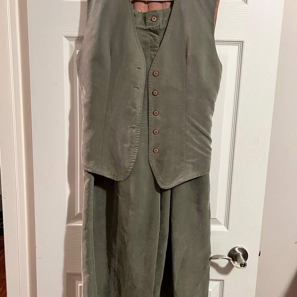 Olive Green Button-Up Vest and Pants Set